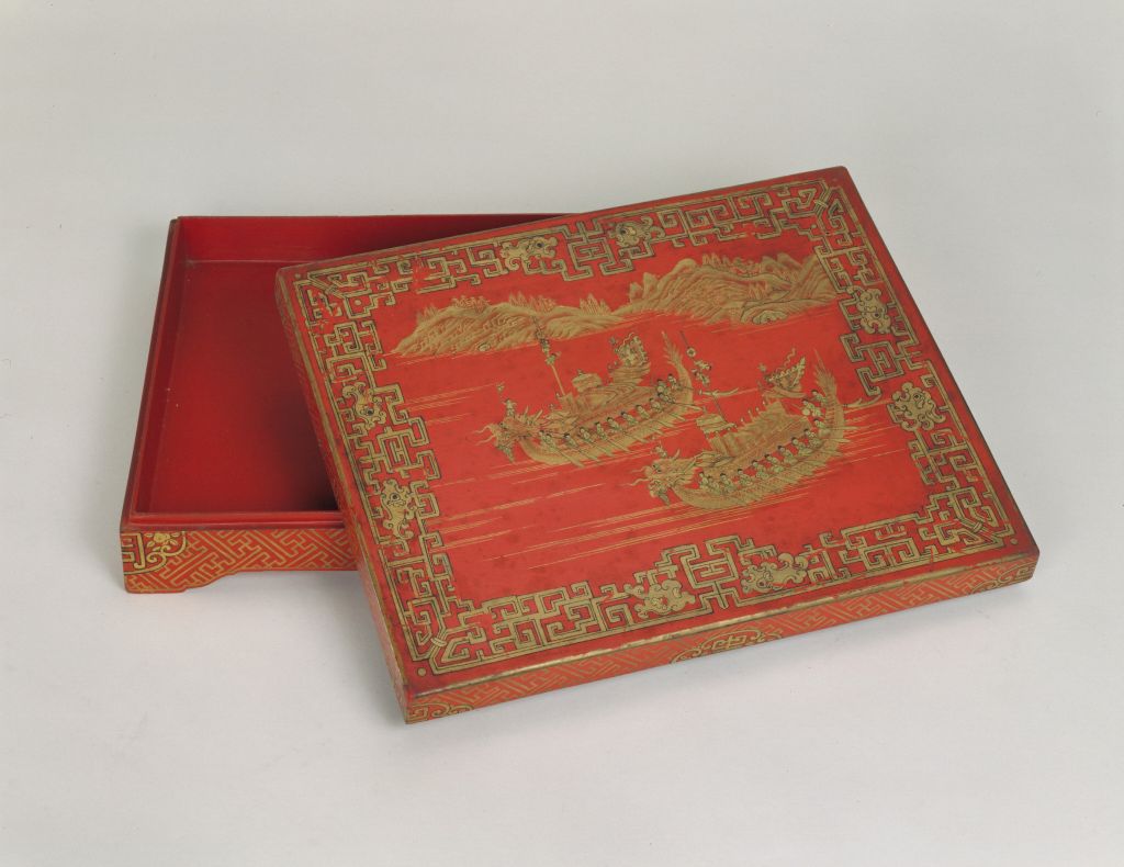 图片[1]-Red lacquer painted dragon boat rectangular box-China Archive